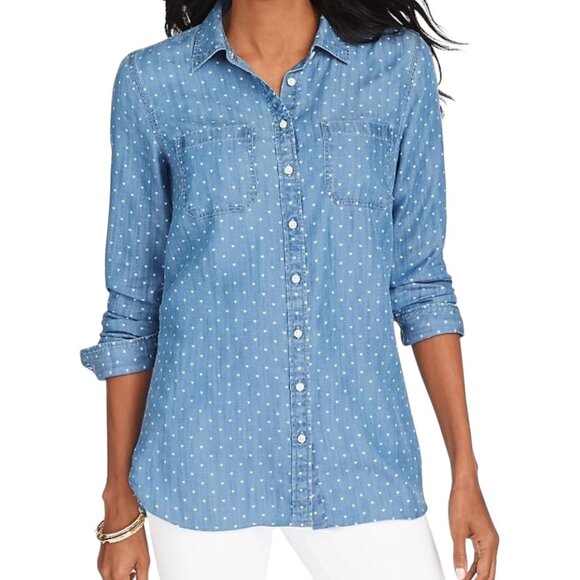 Talbots Tops - Talbots Chambray Denim Shirt Women’s Medium Blue White Heart Polka Dot Button